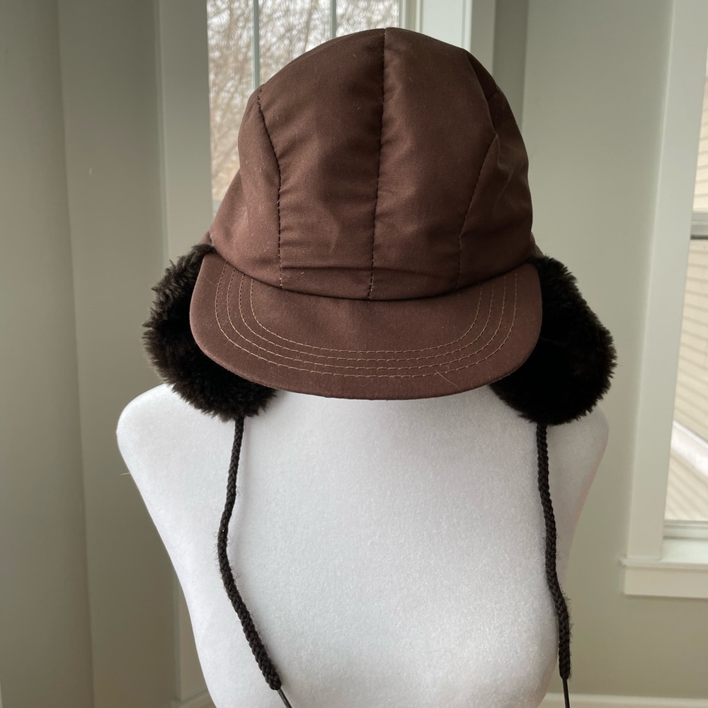 Vintage 70s 80s Brown Quilted Fur Flap Hat Made in USA Size Medium